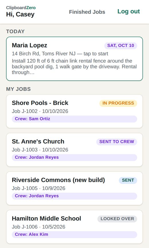 A crew member's phone: today's job with the customer's address and what needs doing, then the list of jobs.