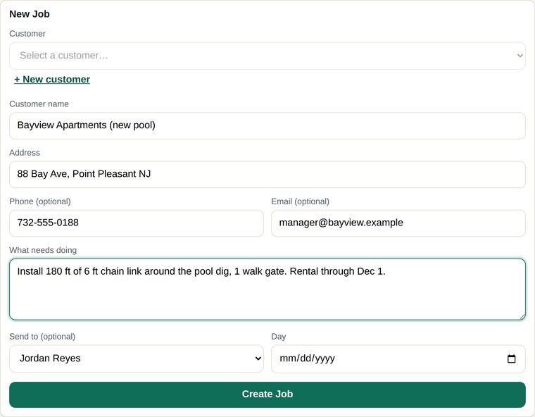 The New Job form: a new customer's name, address, phone and email, what needs doing, and Send to Jordan Reyes.
