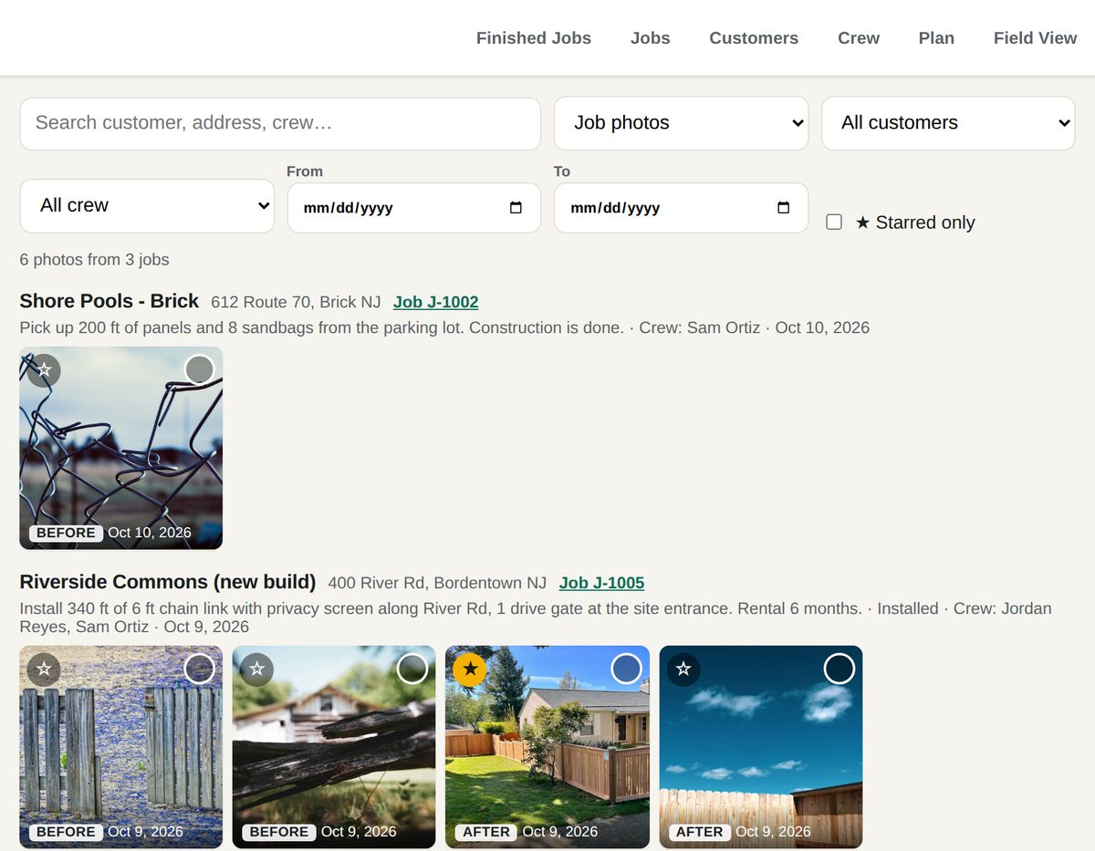 The Photos page: each job's before and after photos under the customer's name and address, with one after photo starred.