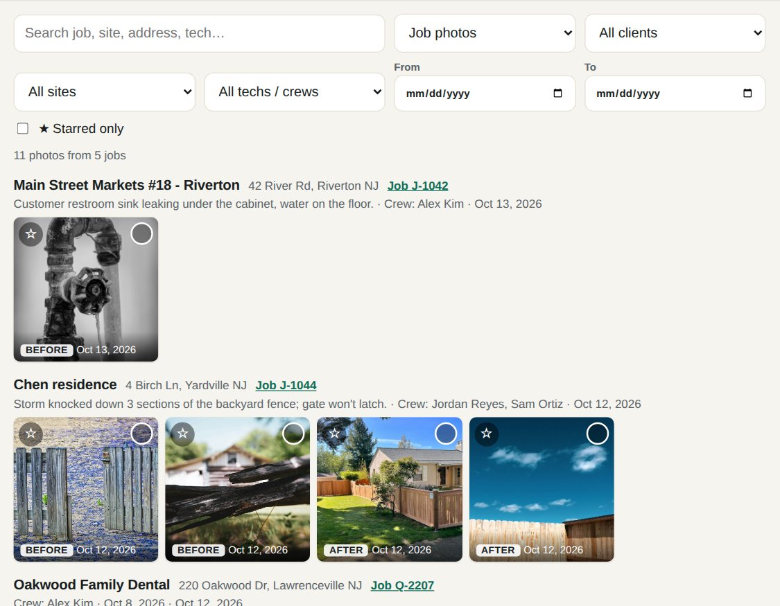 The Photos page: each job's before and after photos under the customer's name, address and crew.