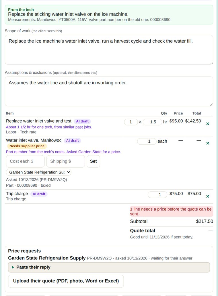 An AI-drafted quote: the tech's request and measurements, the scope of work, a labor line, a part waiting on the supplier's price, and the price request sent to the supplier.