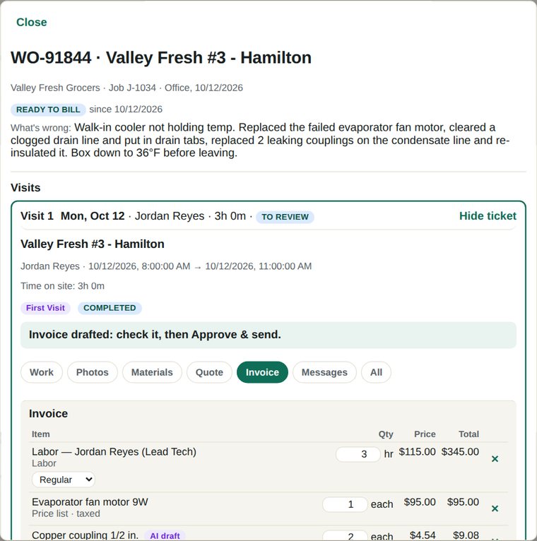 A job opened on the Jobs page: the work order, store and what's wrong at the top, then Visit 1 with its ticket open, the green what's-next line, and the tabs Work, Photos, Materials, Quote, Invoice, Messages and All.