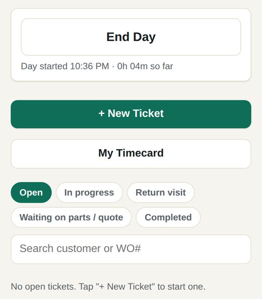 The tech's home screen: Start Day at the top, New Ticket and My Timecard, then the filter chips and the jobs.