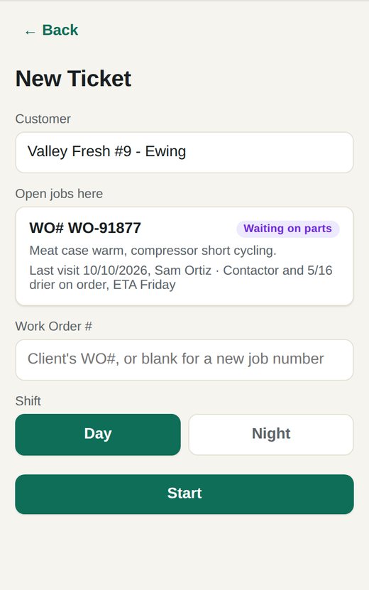 The New Ticket screen: the store picked, its open job waiting on parts with the last visit's note, the work order number box and Start.