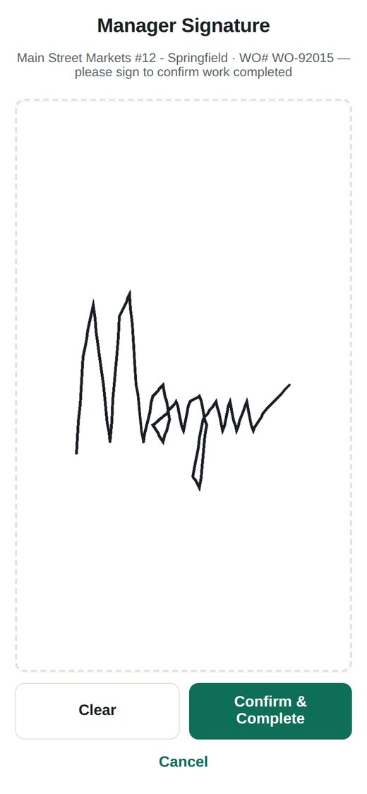 The signature screen on the phone with a customer's signature and Confirm and Complete.