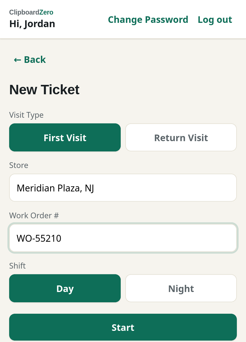 The New Ticket screen on a technician's phone, showing a store picked and a work order number entered